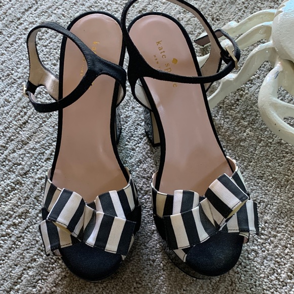 NEW Kate Spade Black and White Platform Striped Women\'s Patent Heels